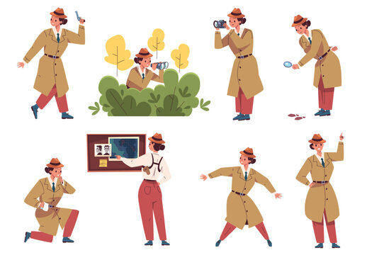 Detective woman set. Private inspector girl, spy secret agent female cartoon character crime investigation search evidence lady sleuth mystery suspect classy vector illustration