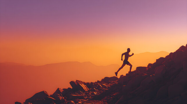 Silhouette of a determined athlete running up a rugged mountain trail during a vibrant golden hour sunset symbolizing success perseverance