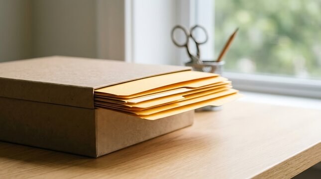 Simple cardboard storage box containing yellow hanging file folders placed on a wooden desk near a bright window with blurred green trees