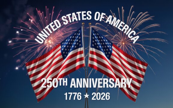 American flags waving with fireworks on 250th anniversary of united states of america in 2026 celebration