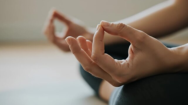 Calm hands in mudra position during meditation with soft lighting and neutral background