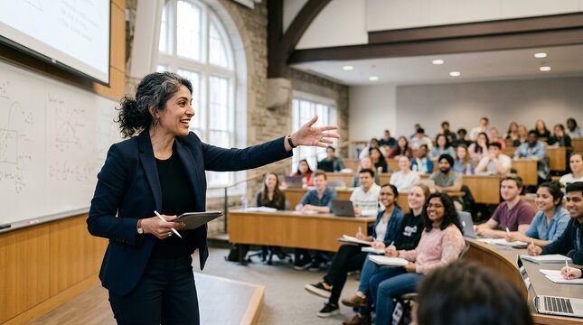 A female professor actively teaching a diverse group of students in a university lecture hall, gesturing towards the class during a presentation.