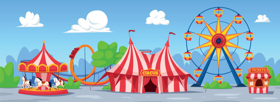 Cartoon funfair. Amusement park landscape summer fair festival circus tent carousel ferris wheel roller coaster tickets booth child amuse qualitative background vector illustration