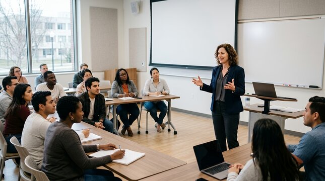 A female professor lectures a diverse group of college students in a modern classroom with a projector screen and whiteboard.