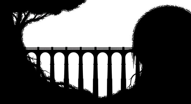 Ants crawling on a silhouette of an arched bridge and tree