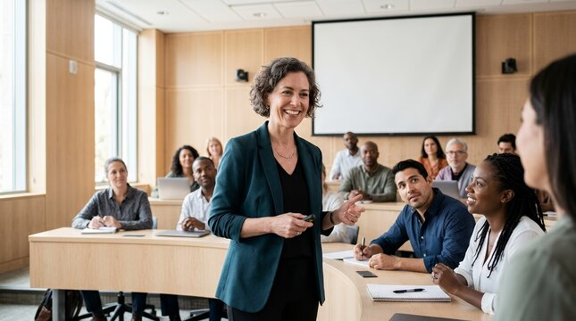 A smiling female professor engages with students in a modern university lecture hall, fostering an interactive and diverse learning environment.