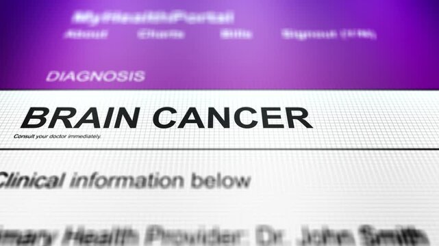 Camera Slides Across Generic Health Portal with Brain Cancer Diagnosis