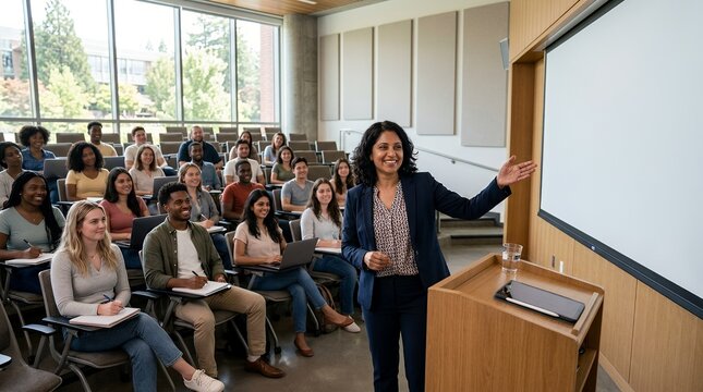 Smiling female professor presenting to a diverse group of university students in a modern lecture hall.