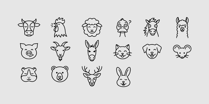 Icon set collection of various farm animals and domestic pets, featuring clean line art style for modern design and digital projects.