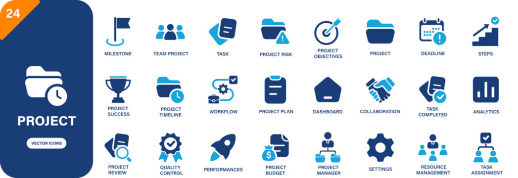 Project icon. Containing project manager, quality control, task, team project, workflow. Solid vector icon set.