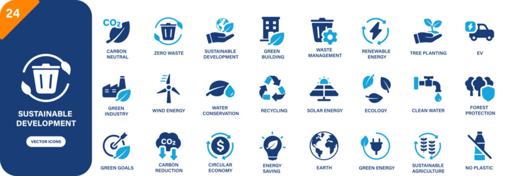 Sustainable development icon. Containing zero waste, water conservation, forest protection, sustainable agriculture, green industry. Solid vector icon set.
