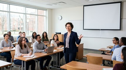 Fototapeta premium Female professor teaching a diverse group of college students in a modern university classroom with large windows and a projector screen.