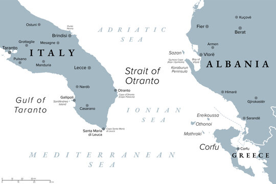 Strait of Otranto, gray political map. Waterway connecting Adriatic Sea with Ionian Sea, separating Italy from Albania, with a width of 72 km (45 mi) from City Otranto to Karaburun Peninsula. Vector