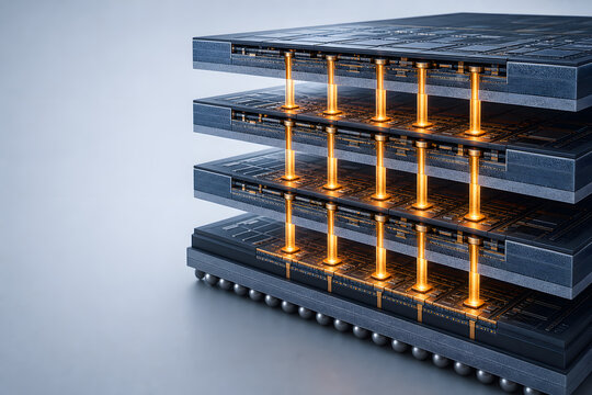 Stacked silicon layers with glowing vertical interconnects