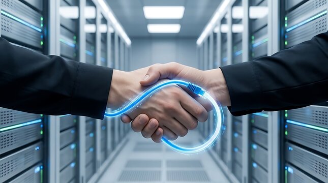 Two business people shaking hands in a modern server room with a glowing blue digital network cable connecting their hands, symbolizing connectivity