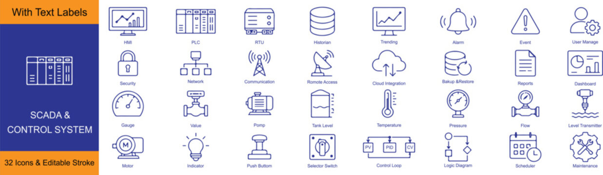 SCADA & Control System Vector Outline Icons Set &ndash; Industrial Automation, PLC, HMI, RTU and Process Control Line Symbols Collection