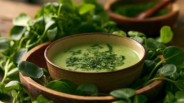 A nutritious herb infused soup surrounded by fresh leafy greens evokes a peaceful and wholesome mood