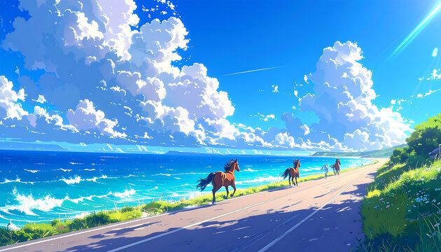 anime illustration style beach, sea, sky, ocean, summer