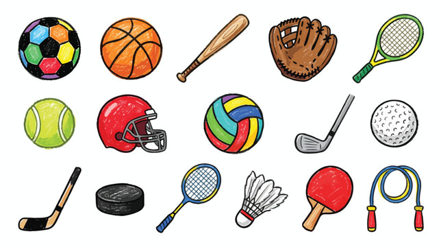 Cute Crayon Sports Equipment Collection Hand Drawn Kids Style Vector