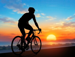 Fototapeta premium Generated AI Silhouette of a cyclist riding on a coastal road during a vibrant sunset