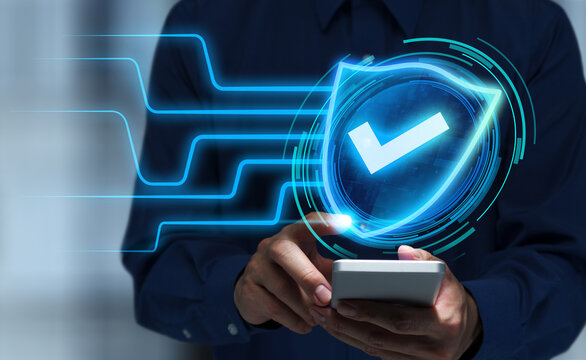 Smartphone mobile security app. Data security and privacy protection through VPN. Man using secure communication application on smartphone.