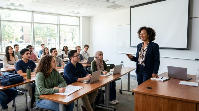 Female professor teaching a diverse group of college students in a modern classroom setting with laptops and a projector screen.