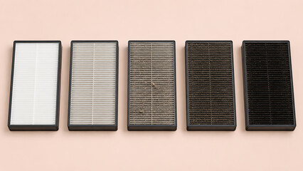 Fototapeta premium Five stages of air purifier filter saturation and dirt build-up with purifier pollution replacement maintenance particulate breathing ventilation appliance progression