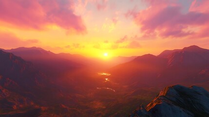 Naklejka premium Dramatic sunset over mountain range with valley and river view