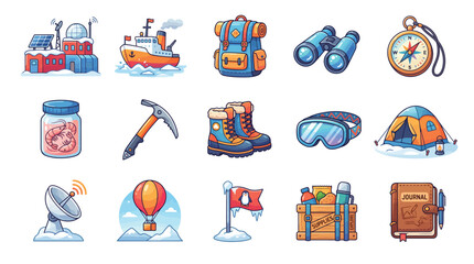 A collection of colorful cartoon icons depicting various items and equipment for arctic exploration, winter expeditions, and scientific research in cold environments. © Terra