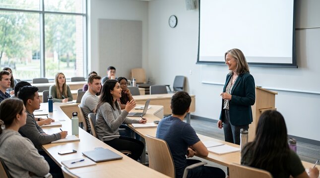 A female instructor teaches a diverse group of college students in a modern classroom with large windows and a projection screen.