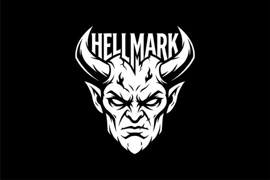 Devil face with horns and beard.