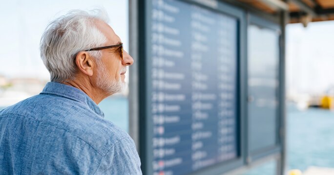 Senior man checking ferry schedule board