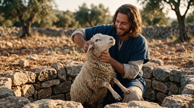 Man resembling Jesus helping a sheep out of a stone pit. Biblical scene depicting compassion and mercy. Religious parable represented in a serene landscape, showing kindness and care.