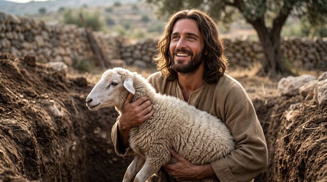 Man helping a sheep out of a ditch. Biblical scene of Jesus rescuing an animal. Representation of compassion, mercy and kindness. Concept of spiritual care and selfless love in nature.