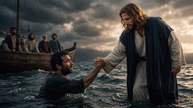 Jesus helping Peter walk on water. Biblical scene of faithful man reaching out for divine hand of savior in sea. Concept of salvation, trust, spiritual guidance and miracle in religion.