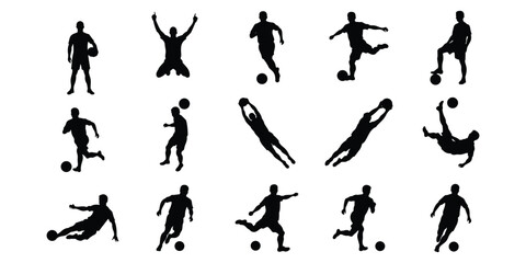 Fototapeta premium Set of 15 Soccer Player Action Silhouettes — Black Vector Sport Illustration Bundle Isolated on White Background