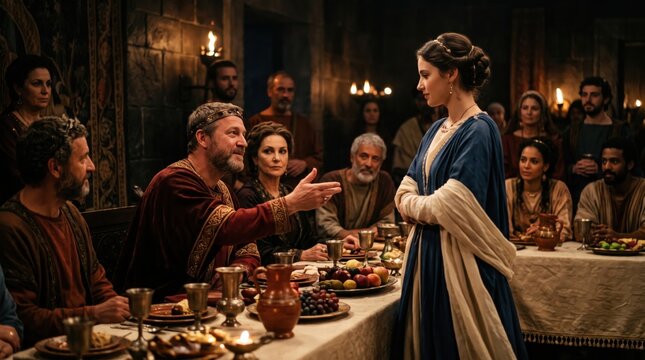King Herod sitting at a banqueting table talking to Salome at a feast. Biblical scene illustrating a historical drama. Concept of power, royal banquet and ancient religious narrative.