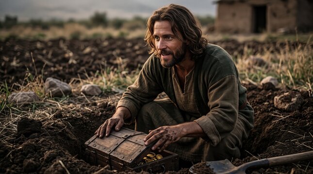 Man discovers buried treasure chest in field. Biblical parable of hidden treasure man kneeling in ground with wooden box full of gold coins. Historical religious illustration scene.