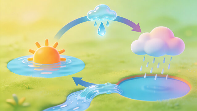 Colorful water cycle diagram with sun, clouds, rain, and rivers in a vibrant cartoon style