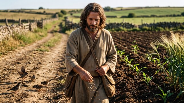 Man dressed as sower scattering seeds in field near country road. Biblical scene reflecting parable of sower from gospel of Matthew. Spiritual representation of agriculture and faith.