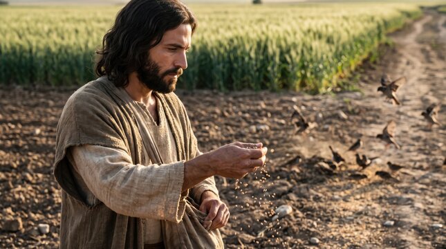 Man dressed as Jesus Christ sowing seeds in a field. Biblical parable of the sower scene with birds eating scattered grain on dirt path. Historical religious figure in ancient clothing.
