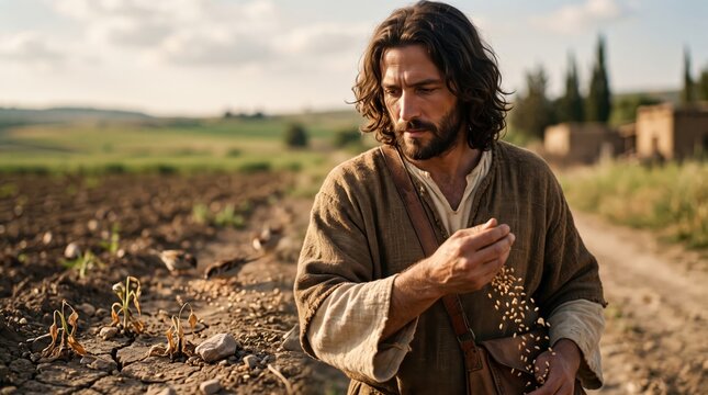 Man sowing seeds in field. Biblical scene of sower scattering grain on rocky ground. Parable of sower from Gospel of Matthew. Ancient historical agriculture and spiritual teaching concept.