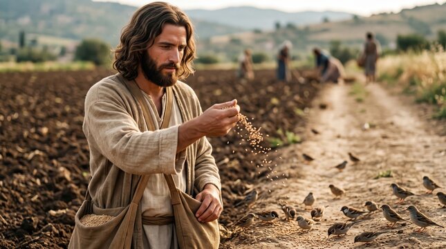 Man dressed as biblical sower scattering seeds in field. Scene depicts parable of sower from the Bible where seeds fall by wayside. Historical religious allegory of faith and agriculture.
