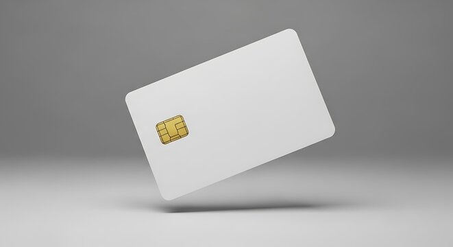 Blank white credit card with EMV chip on grey background