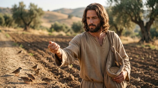 Man dressed as biblical figure sowing grain in field. Parable of sower representation with sparrow feeding on seeds. Religious scene depicting agricultural work and spiritual teaching.
