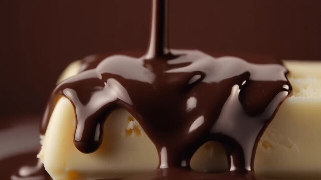 Macro slow motion video of rich glossy dark chocolate syrup pouring and drizzling over vanilla ice cream bar