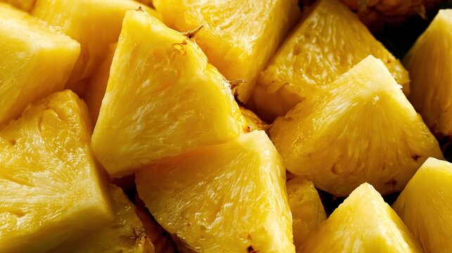 Close-up of fresh, juicy pineapple chunks arranged neatly. The vibrant yellow color highlights the fruit's natural sweetness and texture.