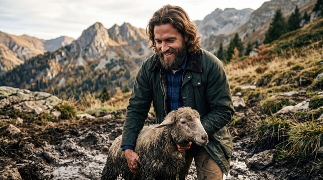 Bearded man lifting a muddy sheep out of a trench on a mountain. Biblical reference of mercy and compassion. Kind shepherd rescuing animal as a symbol of care, love and moral duty.