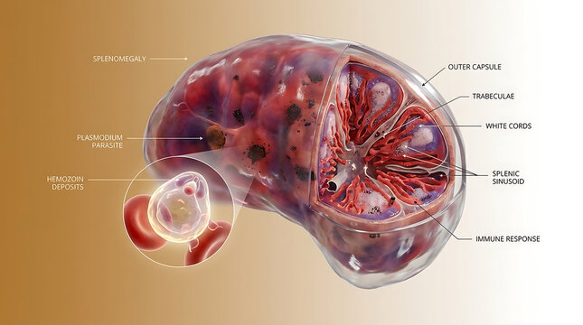 Transparent Human Spleen with Malarial Splenomegaly and Plasmodium Parasite Infection