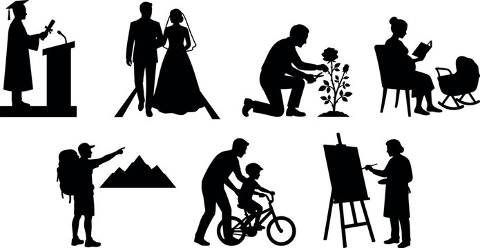 Life milestone silhouettes featuring graduation marriage parenting exploration and creativity vector illustration